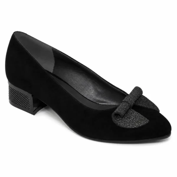Pantofi damă negri cu fundă decorativă și toc gros